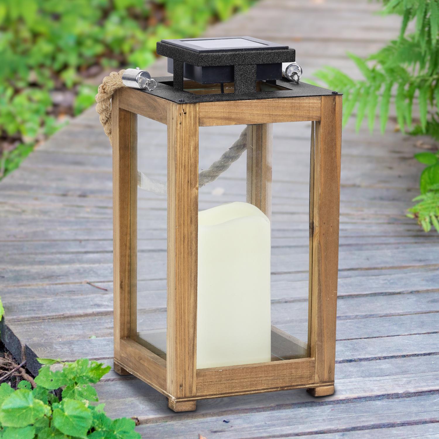 Exhart 11 in. Solar Power Glass/Wood Black/Brown Solar Lantern with Candle