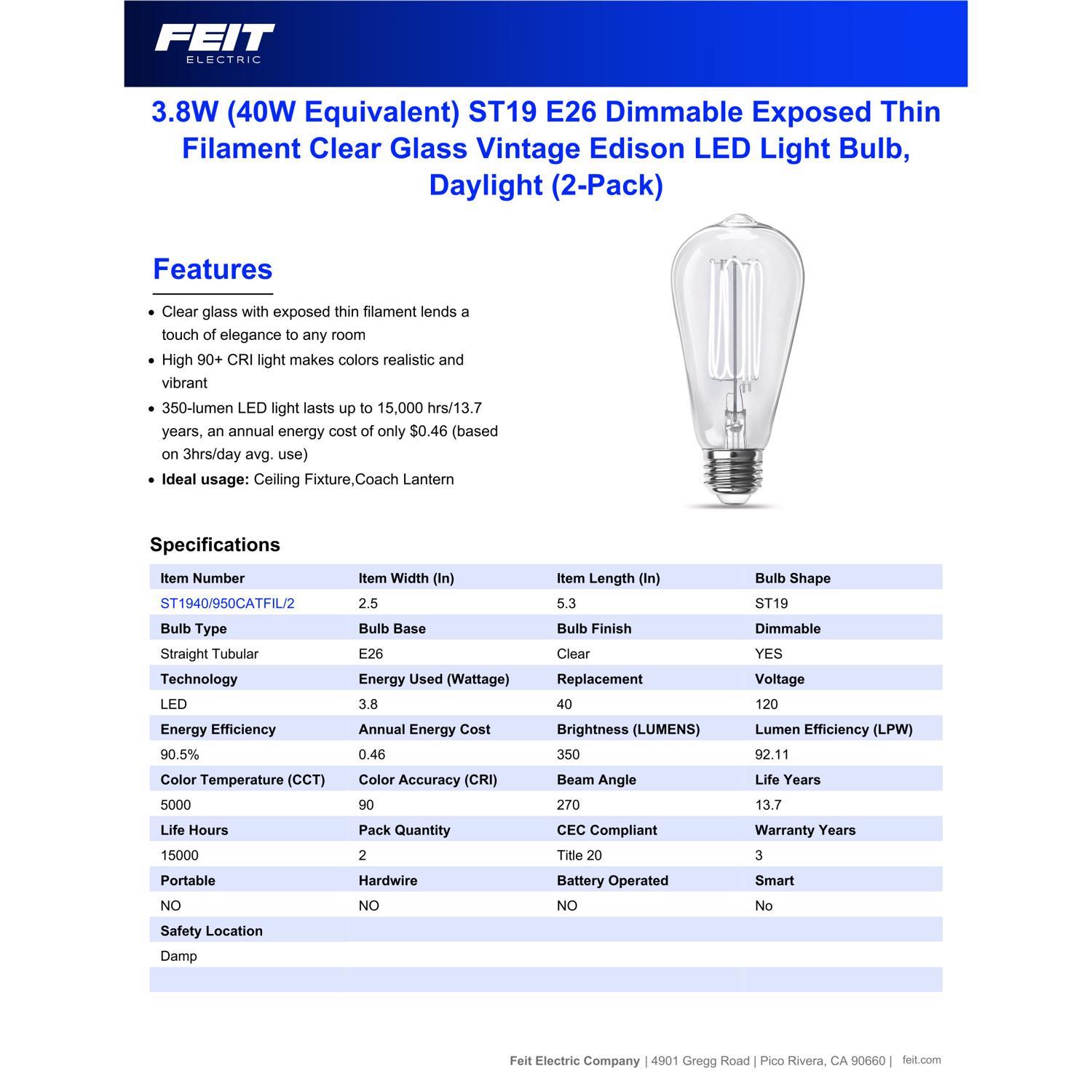 Feit ST19 E26 (Medium) Filament LED Bulb Daylight 40 Watt Equivalence 2 pk