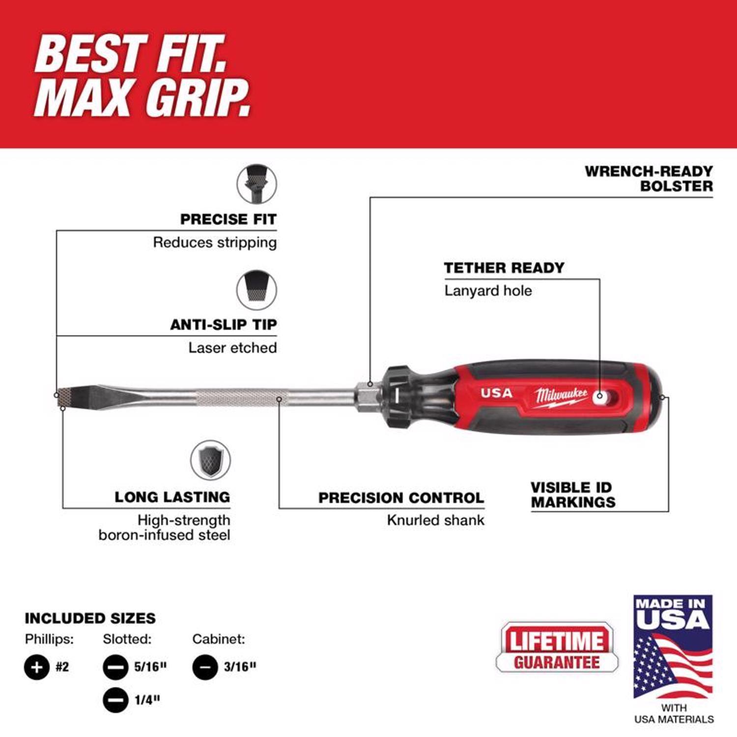 Milwaukee Made in USA Cushion Grip Phillips & Slotted Screwdriver Set 4 pc