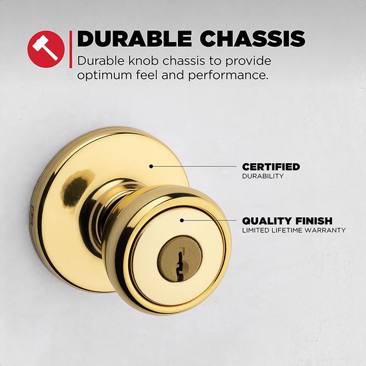 Kwikset Tylo Polished Brass Deadbolt and Entry Door Knob 1-3/4 in.