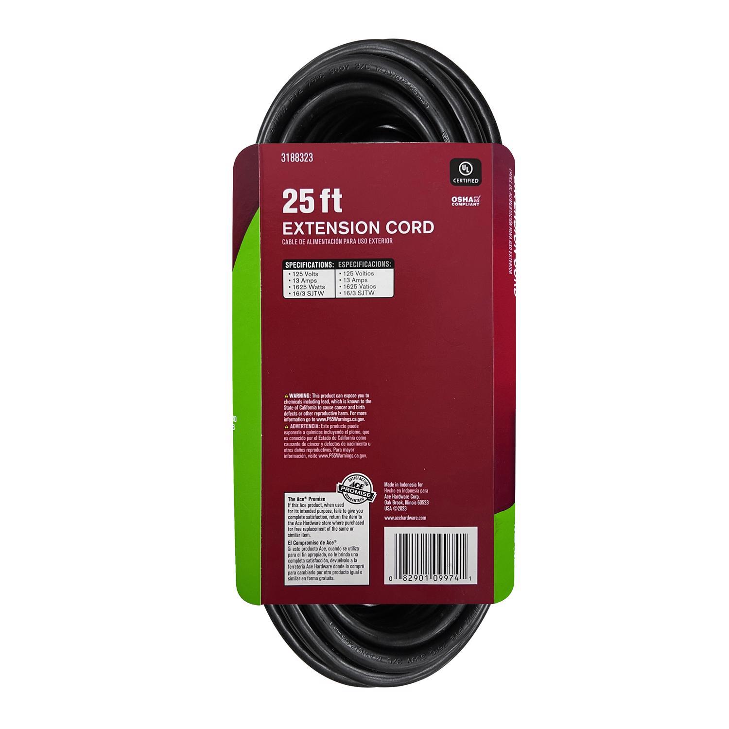 Ace Outdoor 25 ft. L Black Extension Cord 16/3 SJTW