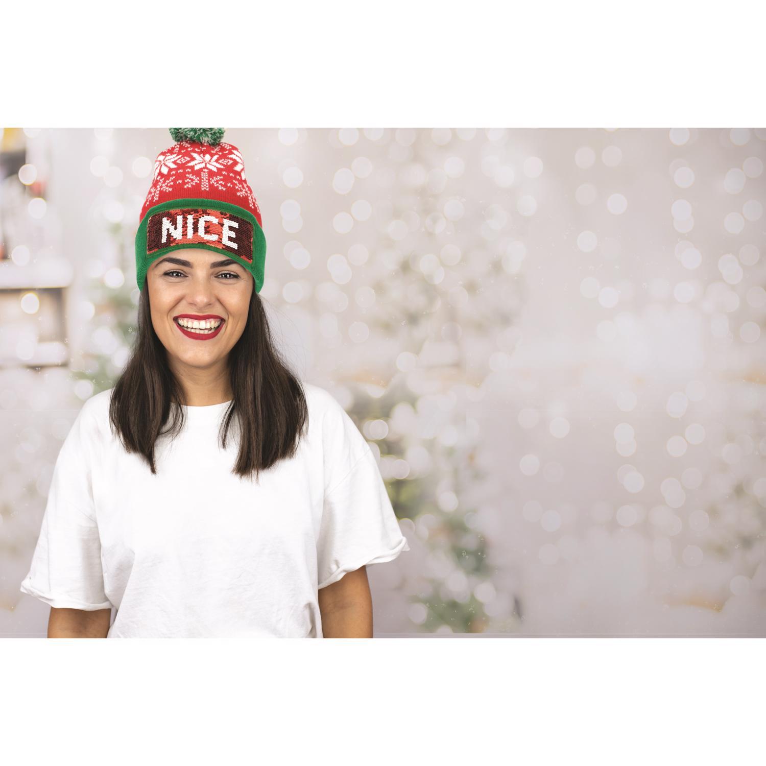 DM Merchandising Winter Naughty or Nice Santa Sequin Pom Hat Green/Red One Size Fits Most