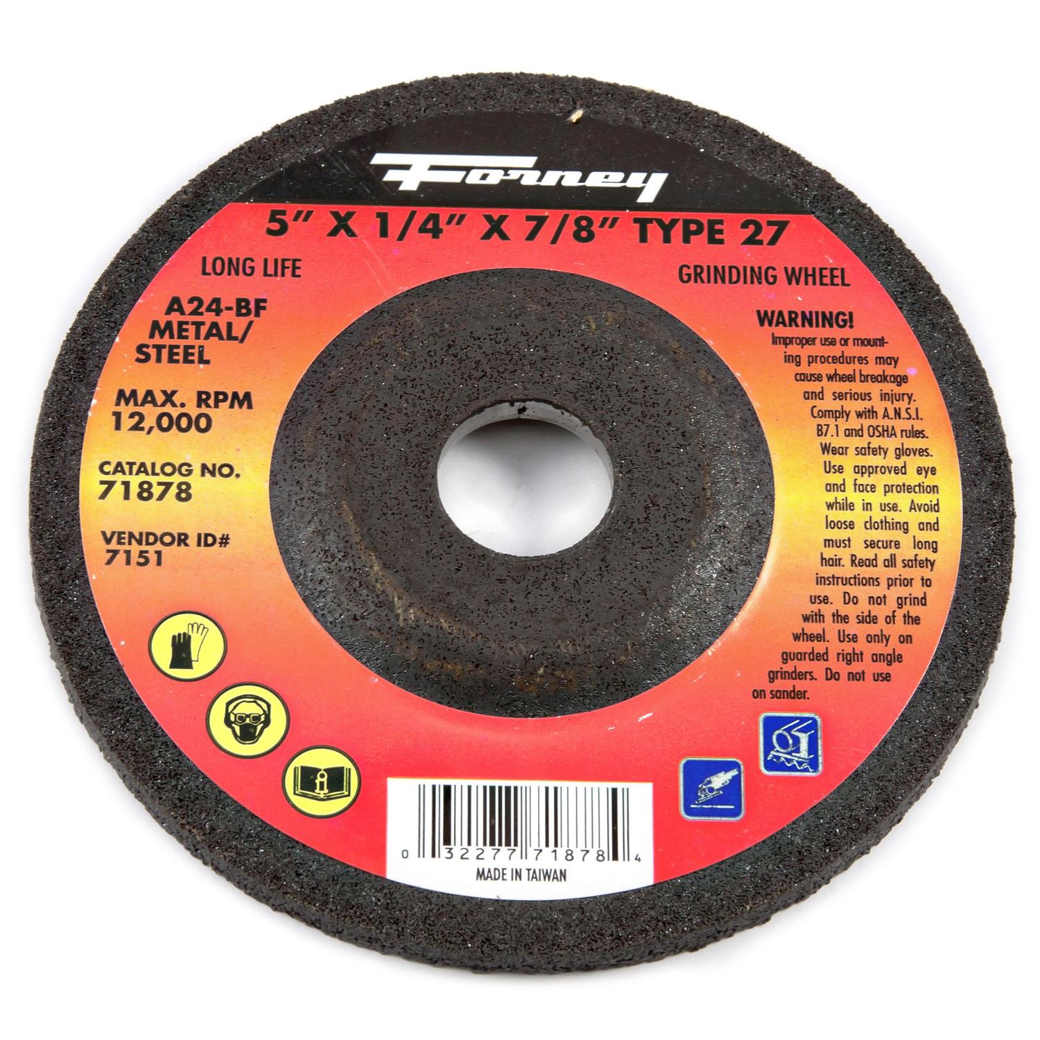 Forney 5 in. D X 7/8 in. X 1/4 in. thick Metal Grinding Wheel 1 pc