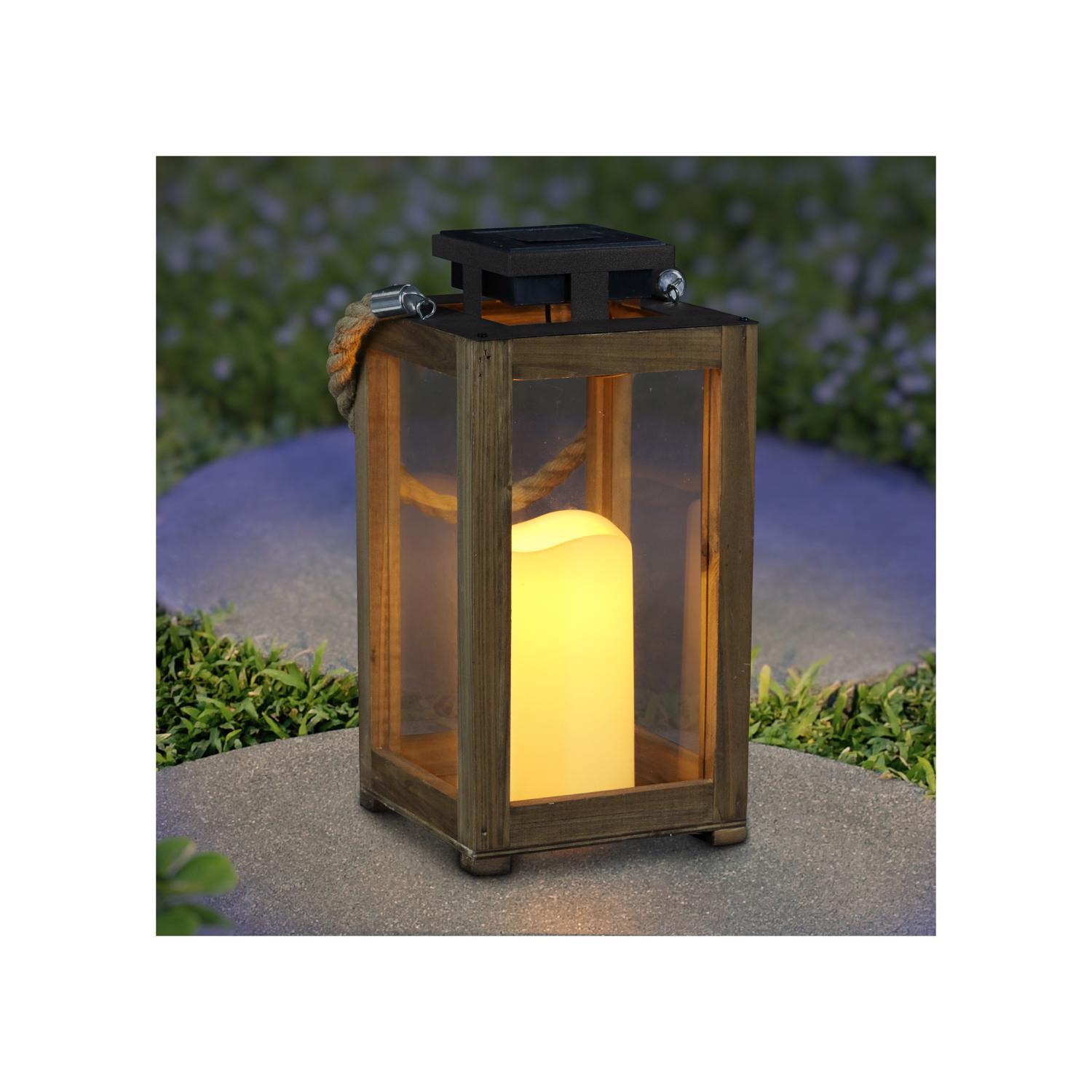 Exhart 11 in. Solar Power Glass/Wood Black/Brown Solar Lantern with Candle