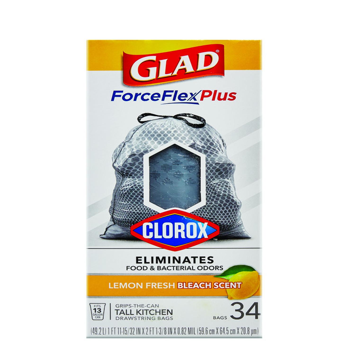 Glad Force Flex Plus 13 gal Lemon Scent Tall Kitchen Bags Drawstring 34 pk 0.82 mil