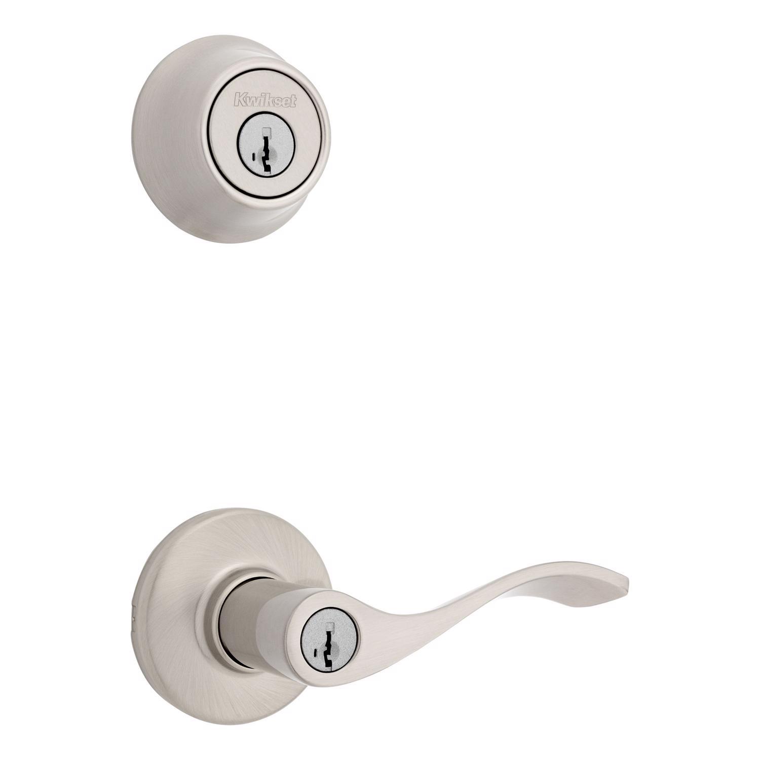 Kwikset SmartKey Security Balboa Satin Nickel Deadbolt and Entry Door Knob KW1 1-3/4 in.