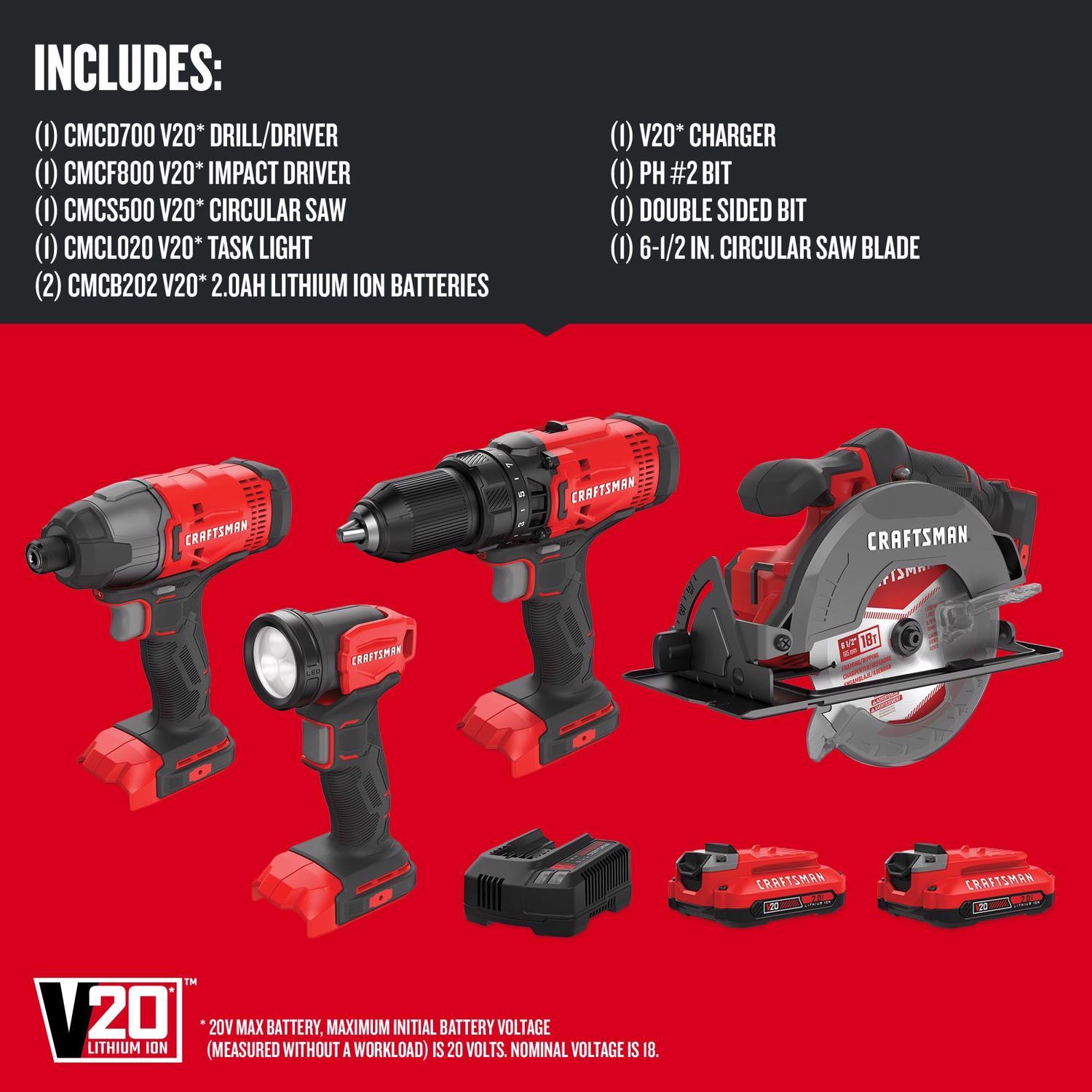 CRAFTSMAN 20V Cordless Brushed 4 Tool Combo Kit