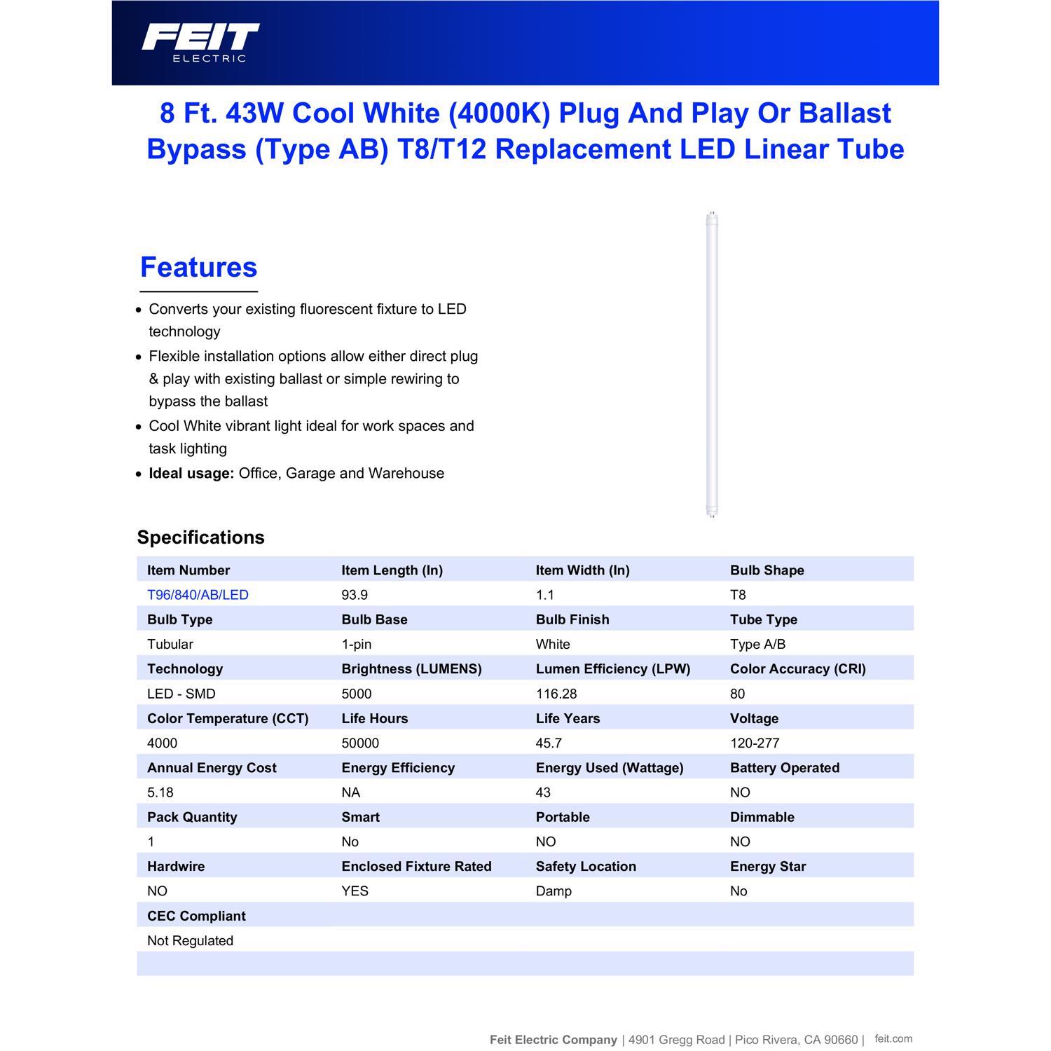 Feit Linear T8/T12 Cool White 93.4 in. 1-Pin Linear LED Tube Light Bulb 42 Watt Equivalence 1 pk