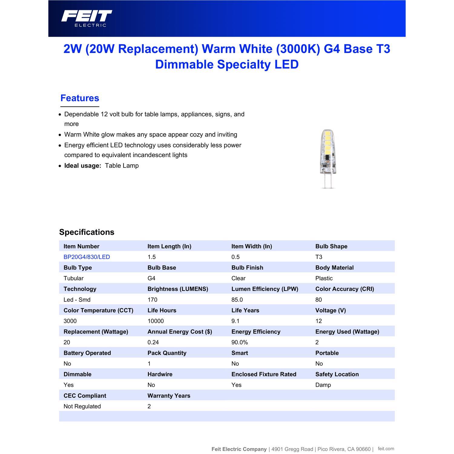 Feit T4 G4 LED Bulb Warm White 20 Watt Equivalence 1 pk