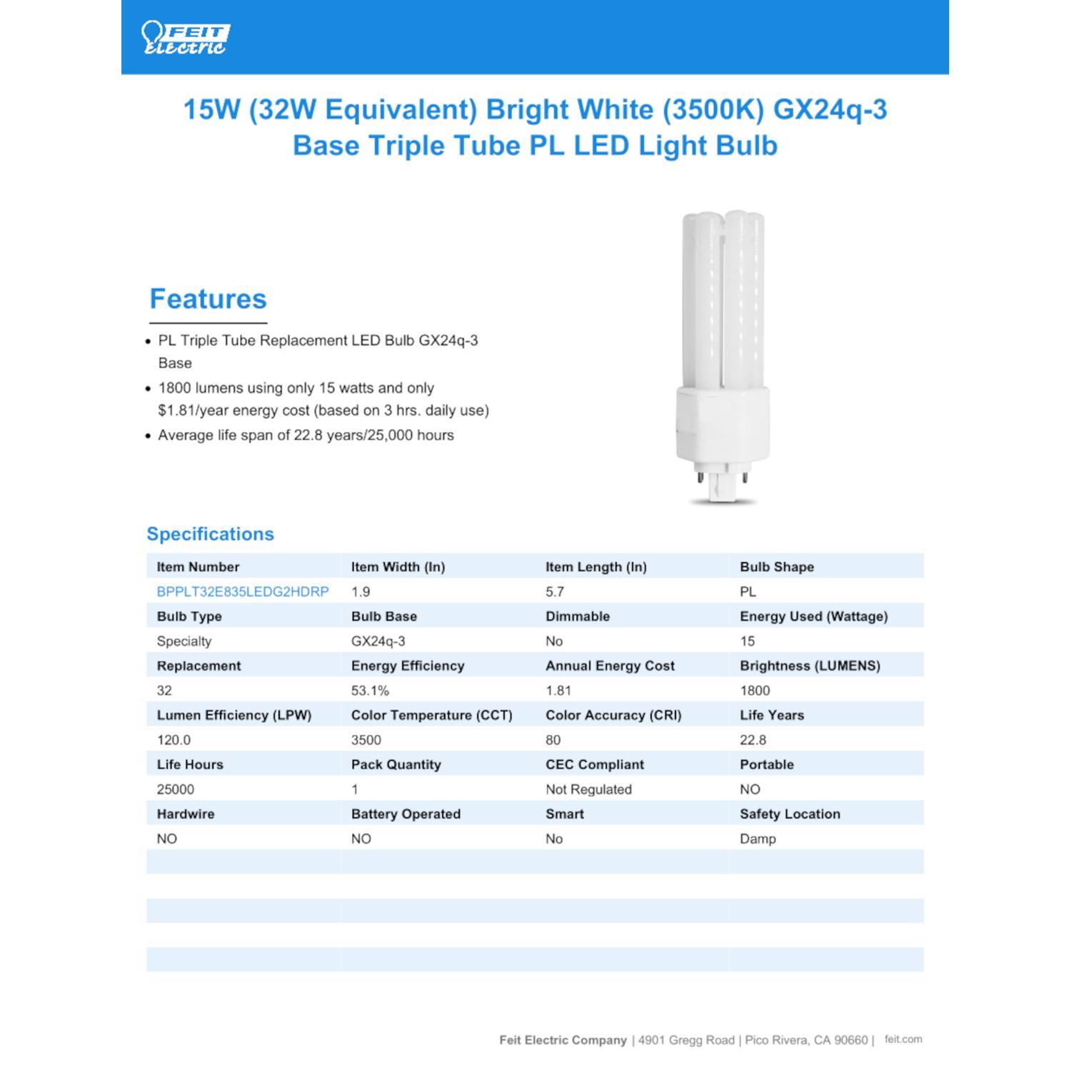 Feit Linear PL GX24Q-3 4-Pin LED Bulb Bright White 32 Watt Equivalence 1 pk