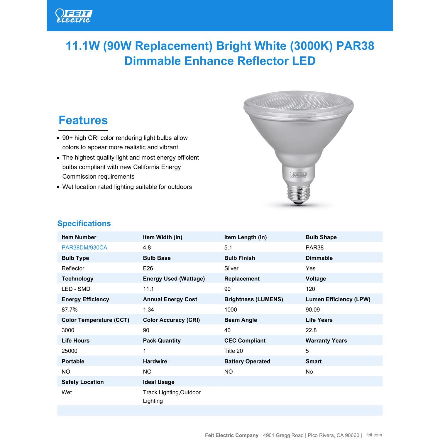 Feit PAR38 E26 (Medium) LED Bulb Bright White 90 Watt Equivalence 1 pk