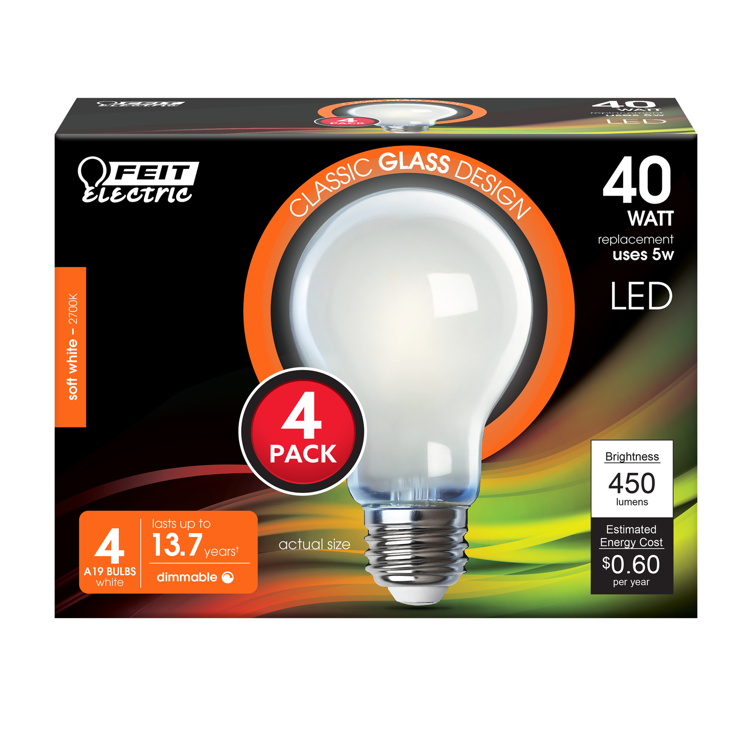 Feit Electric A19 E26 (Medium) Filament LED Bulb Soft White 40 Watt Equivalence 4 pk