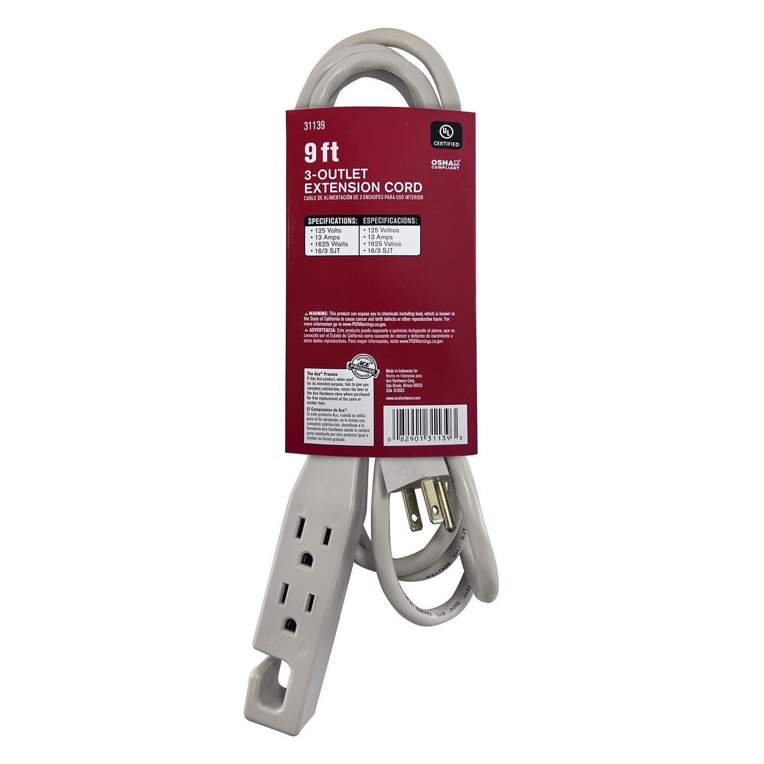 Ace Indoor 9 ft. L Beige Triple Outlet Cord 16/3 SJT