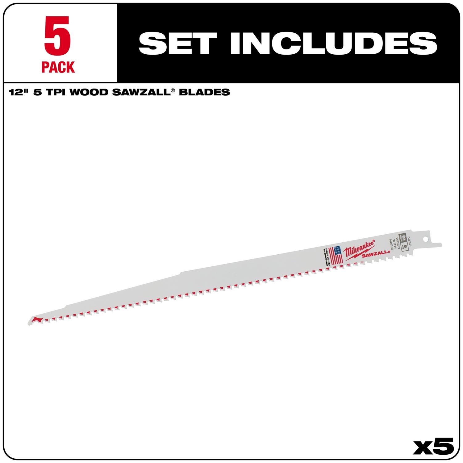 Milwaukee Sawzall 12 in. Bi-Metal Thin Kerf Reciprocating Saw Blade 5 TPI 5 pk