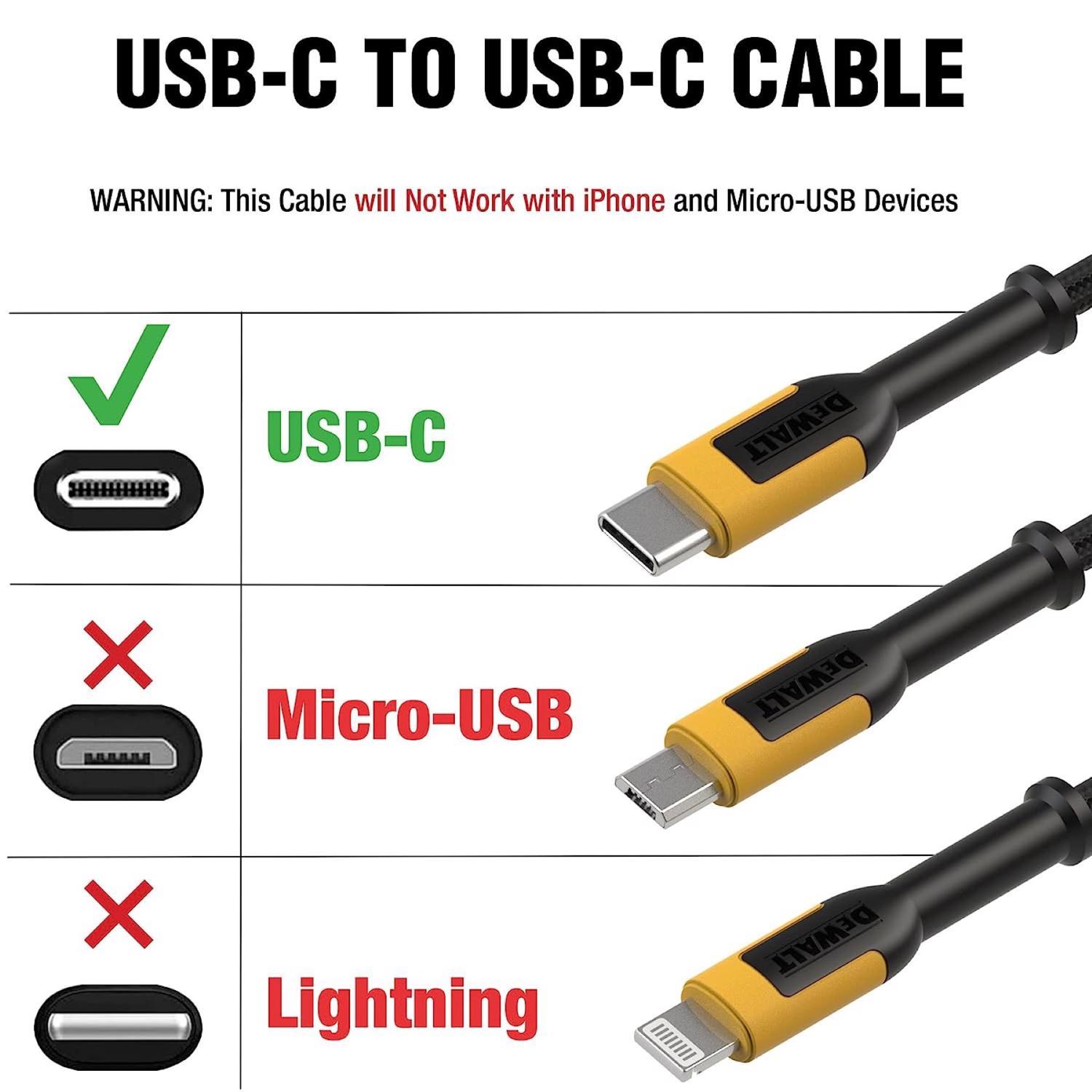 DeWalt Type C to Type C Cable 4 ft. Black/Yellow