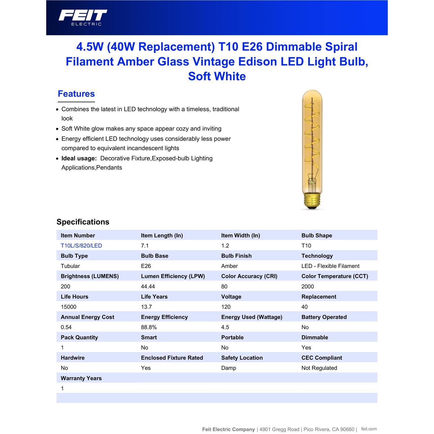 Feit T10 E26 (Medium) LED Bulb Amber 40 Watt Equivalence 1 pk