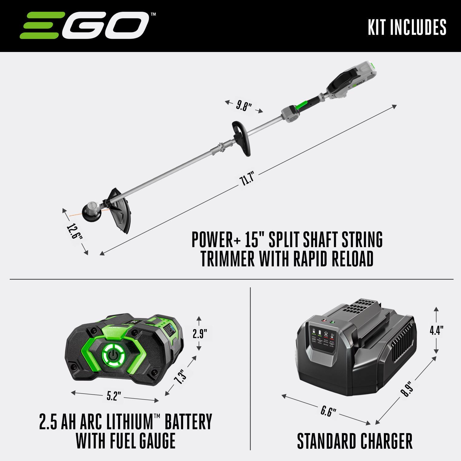 EGO Power+ ST1502SA 15 in. 56 V Battery String Trimmer Kit (Battery & Charger) SPLIT SHAFT W/ RAPID RELOAD & 2.5 AH BATTERY