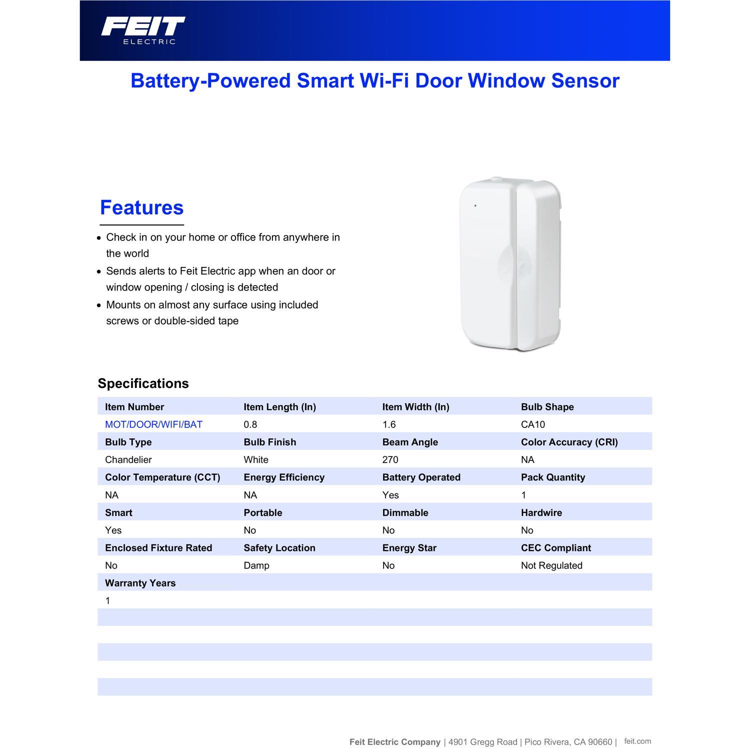 Feit Smart Home Battery Powered Indoor White Smart-Enabled Door and Window Sensor