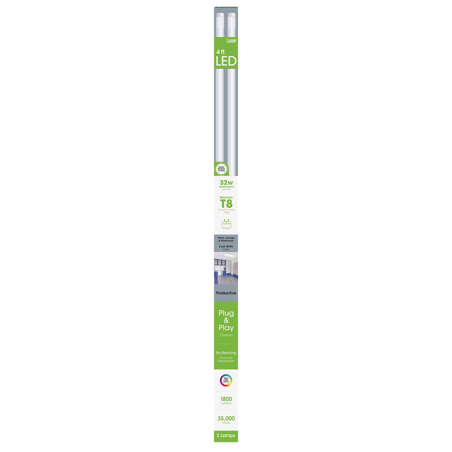 Feit Plug & Play T8 Cool White 47.5 in. Bi-Pin T8 LED Bulb 32 Watt Equivalence 2 pk