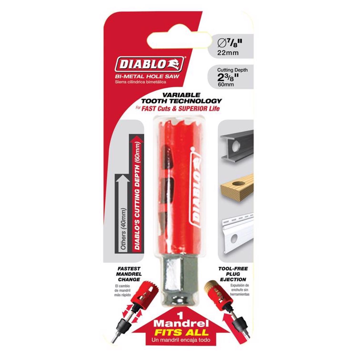 Diablo Snap-Lock Plus 7/8 in. Bi-Metal 2-3/8 in. L Hole Saw Arbor Included
