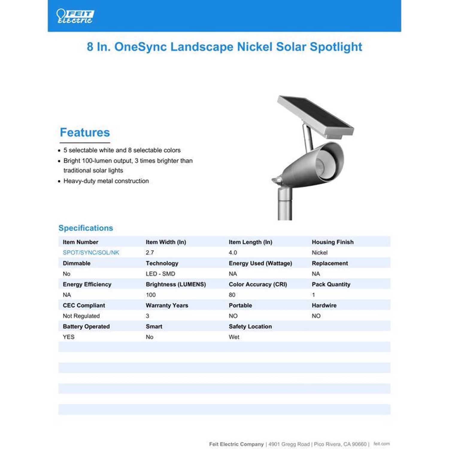 Feit OneSync Brushed Nickel Solar Powered 1 W LED Spotlight 1 pk