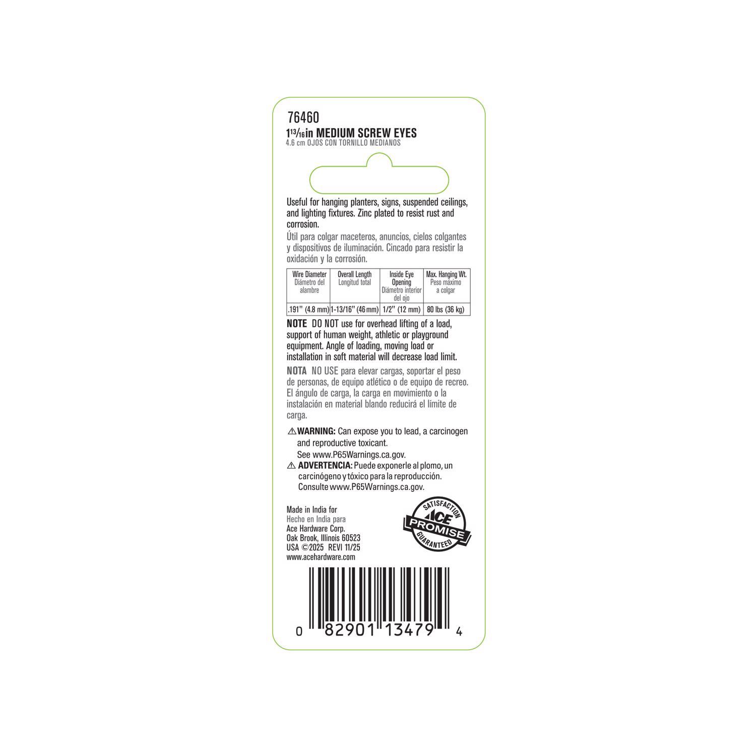 Ace 1/4 in. D X 1-13/16 in. L Zinc-Plated Steel Screw Eye 80 lb. cap. 5 pk