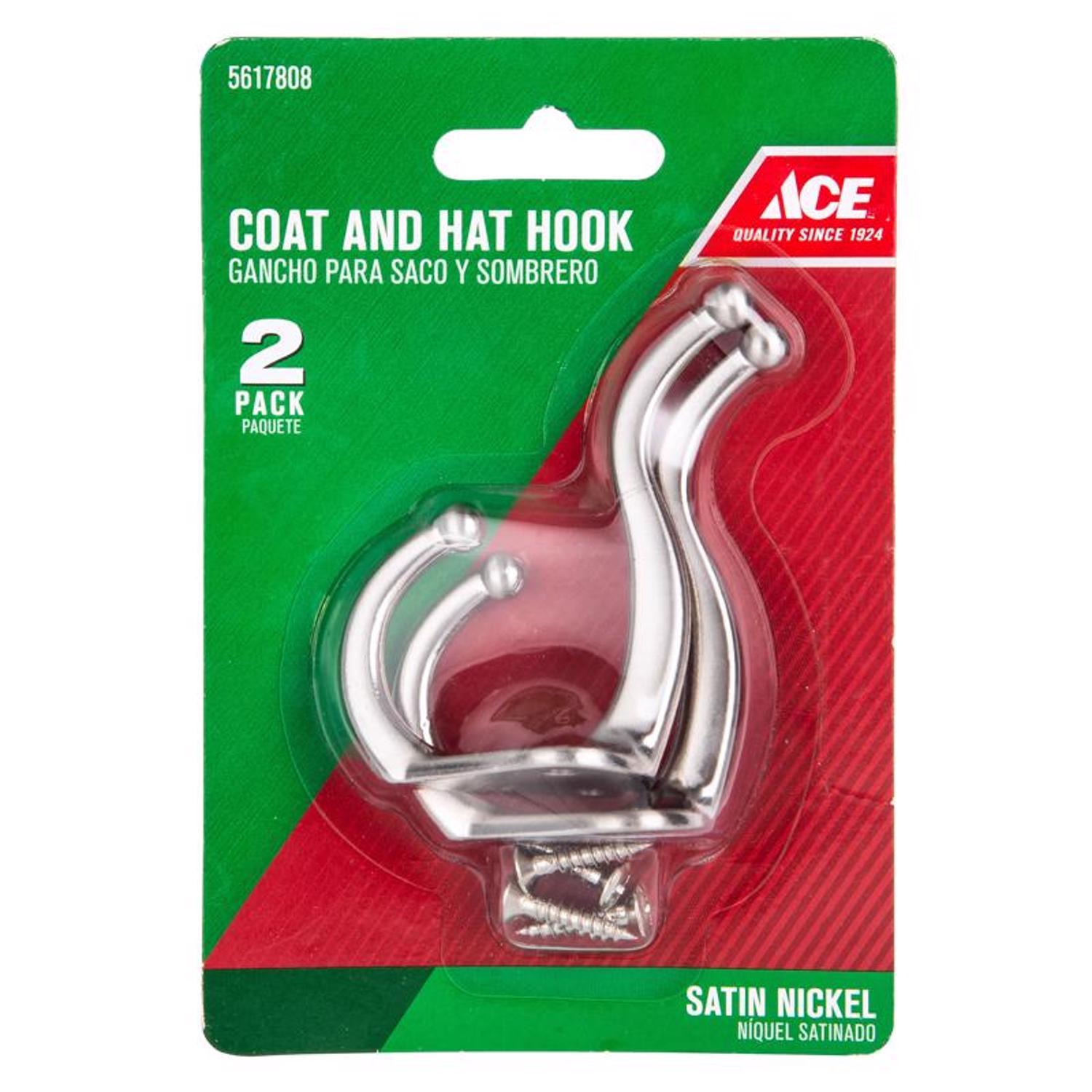 Ace 2-5/16 in. L Satin Nickel Silver Metal Small Coat and Hat Hook 2 pk