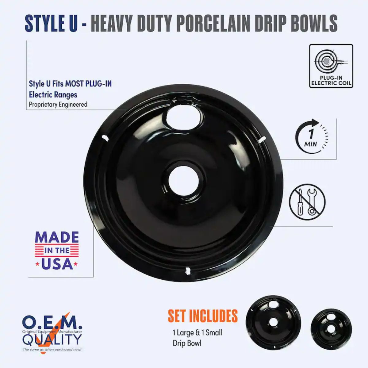 Range Kleen Universal 2pk Heavy Duty Black Porcelain Drip Bowls 6 in. and 8 in.