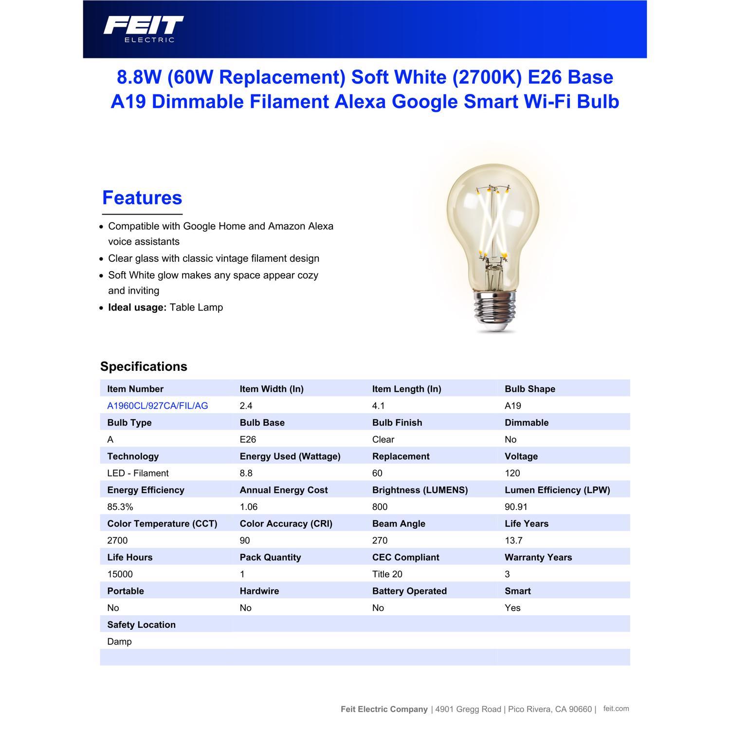 Feit Smart Home A19 E26 (Medium) Smart-Enabled LED Bulb Soft White 60 Watt Equivalence 1 pk