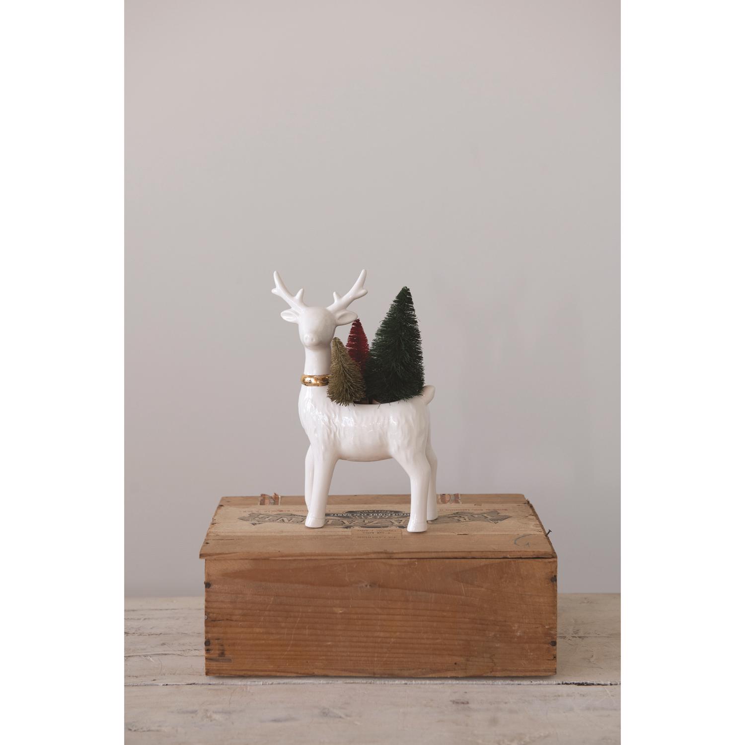 Creative Co-Op White Reindeer Flower Pot with Gold Electroplating Indoor Christmas Decor 7.5 in.