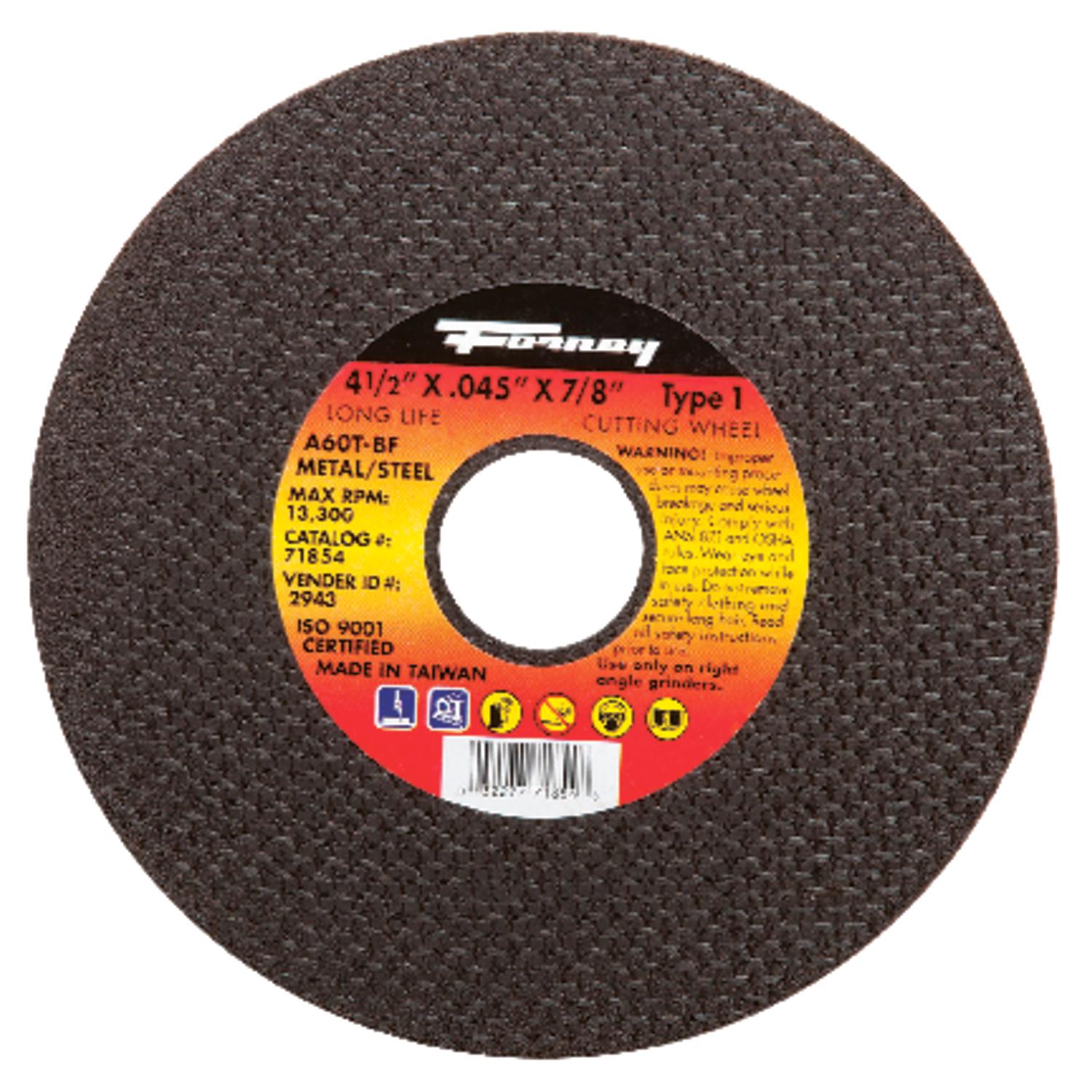 Forney 4-1/2 in. D X 7/8 in. X.045 in. thick Aluminum Oxide Metal Cut-Off Wheel 1 pc