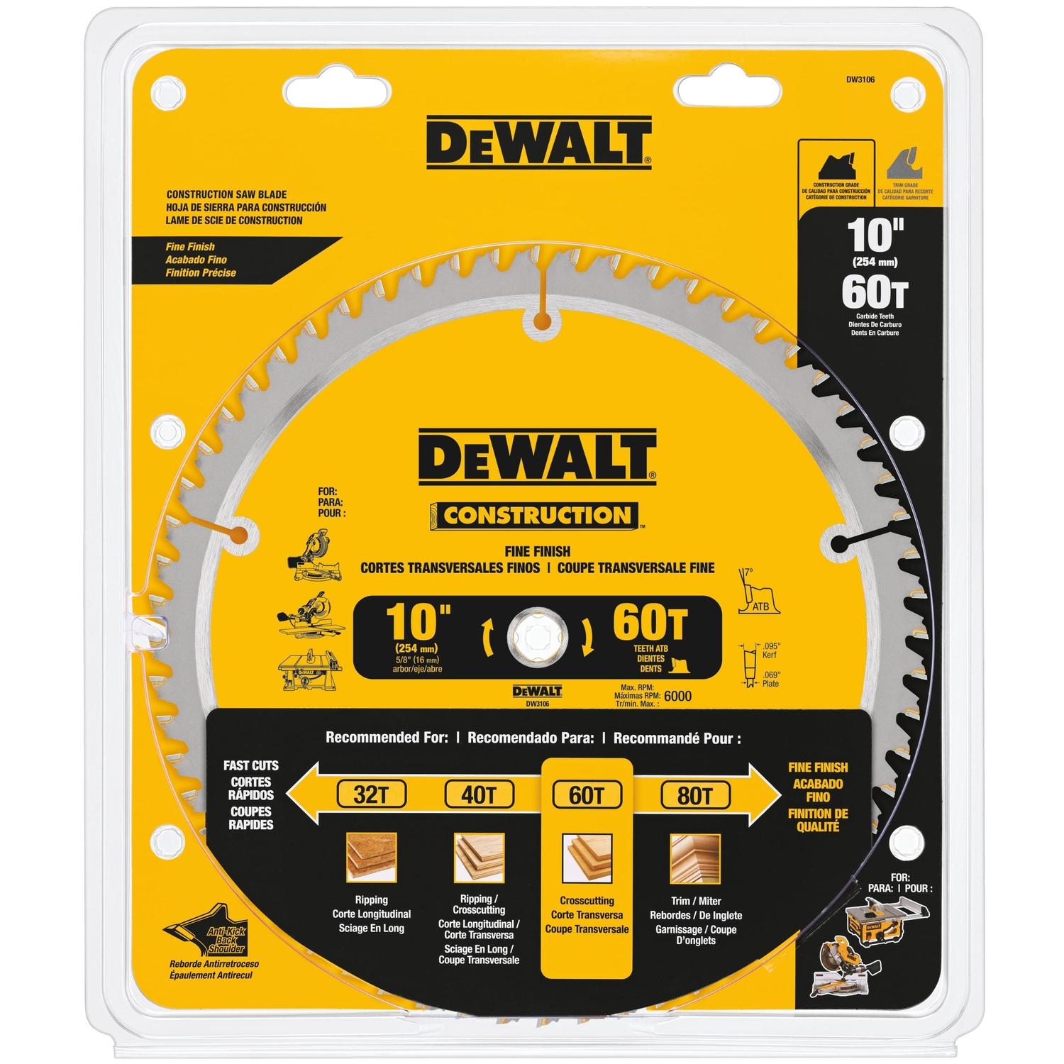 DeWalt 10in. D x 5/8in. Carbide Circular Saw Blade 60 Teeth 1 Pack