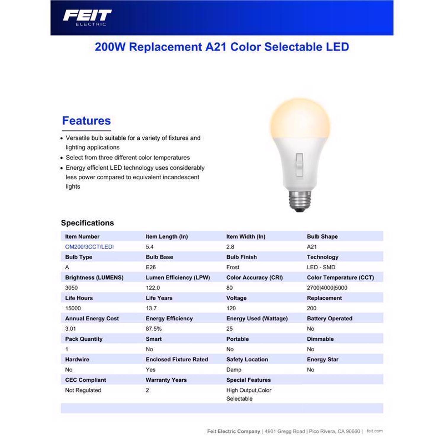 Feit A21 E26 (Medium) LED Bulb Adjustable White 200 Watt Equivalence 1 pk