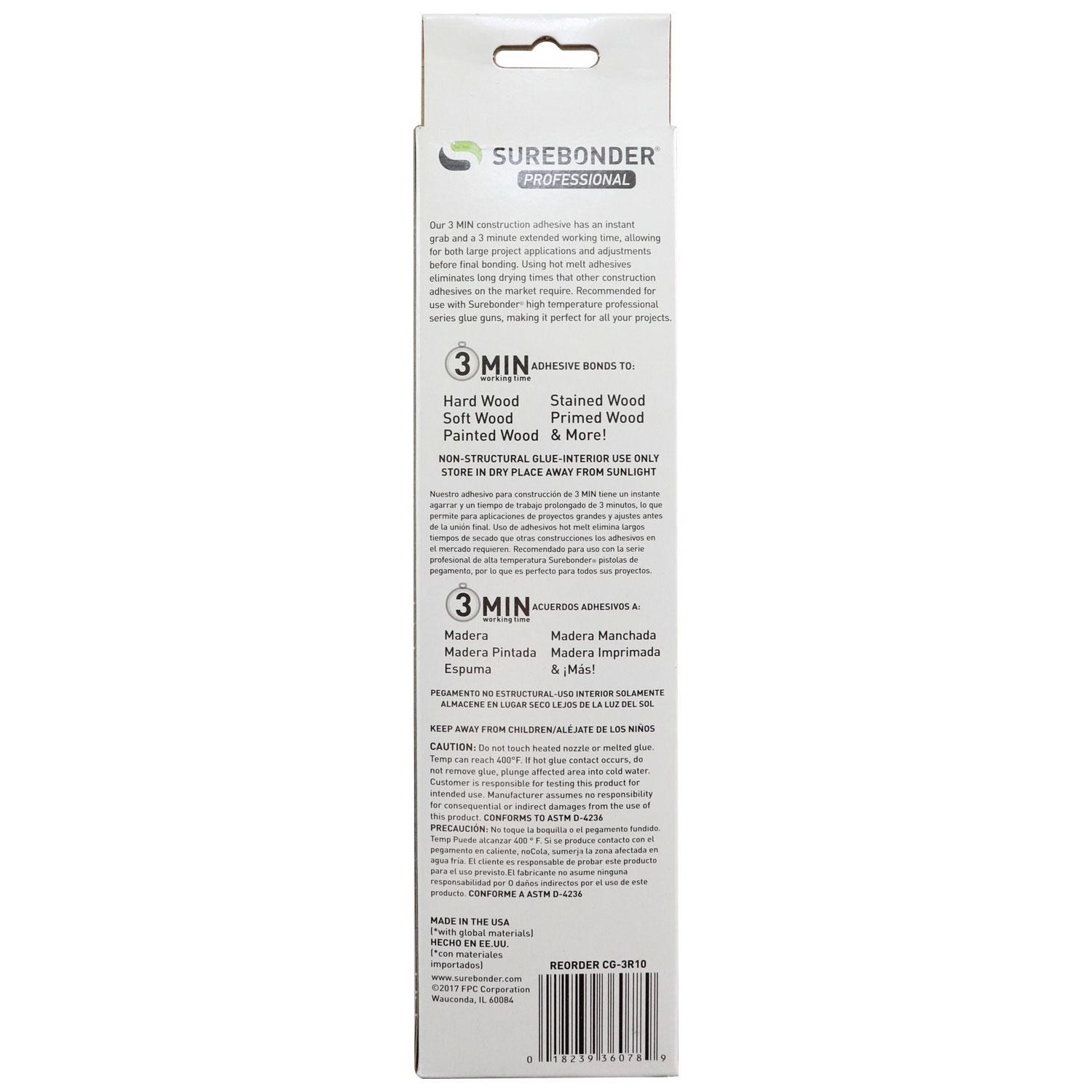 Surebonder.41 in. D X 10 in. L 3 Minute 3 Minute Construction Grade Glue Sticks Clear 18 pk
