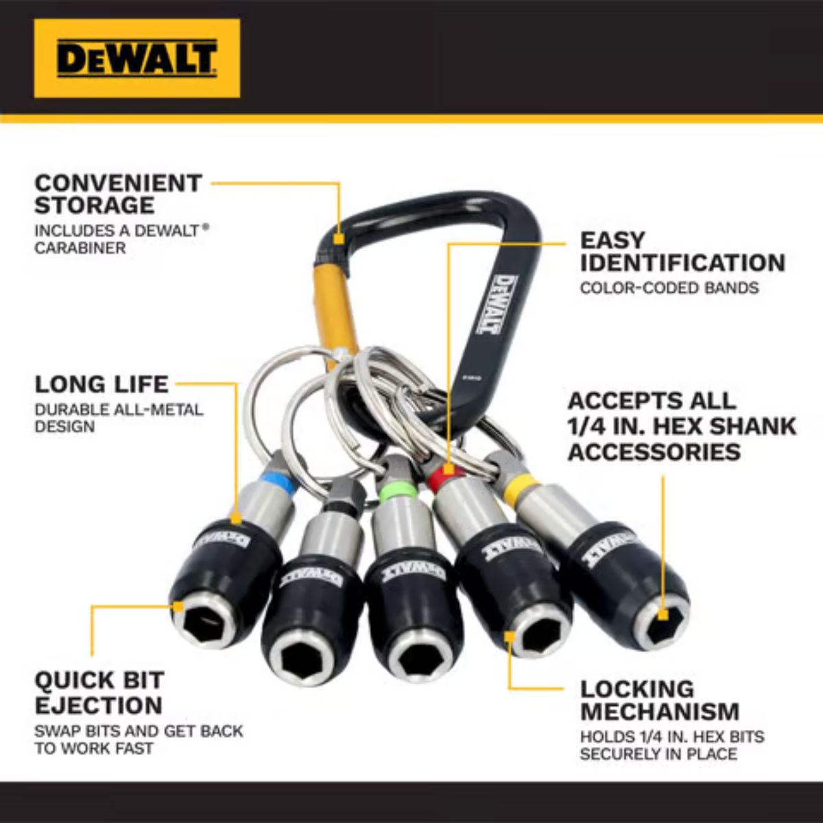 DEWALT 1 in. Hardened Alloy Steel Key Ring Quick-Change Hex Extension 1/4 in. Hex Shank 5 Pieces