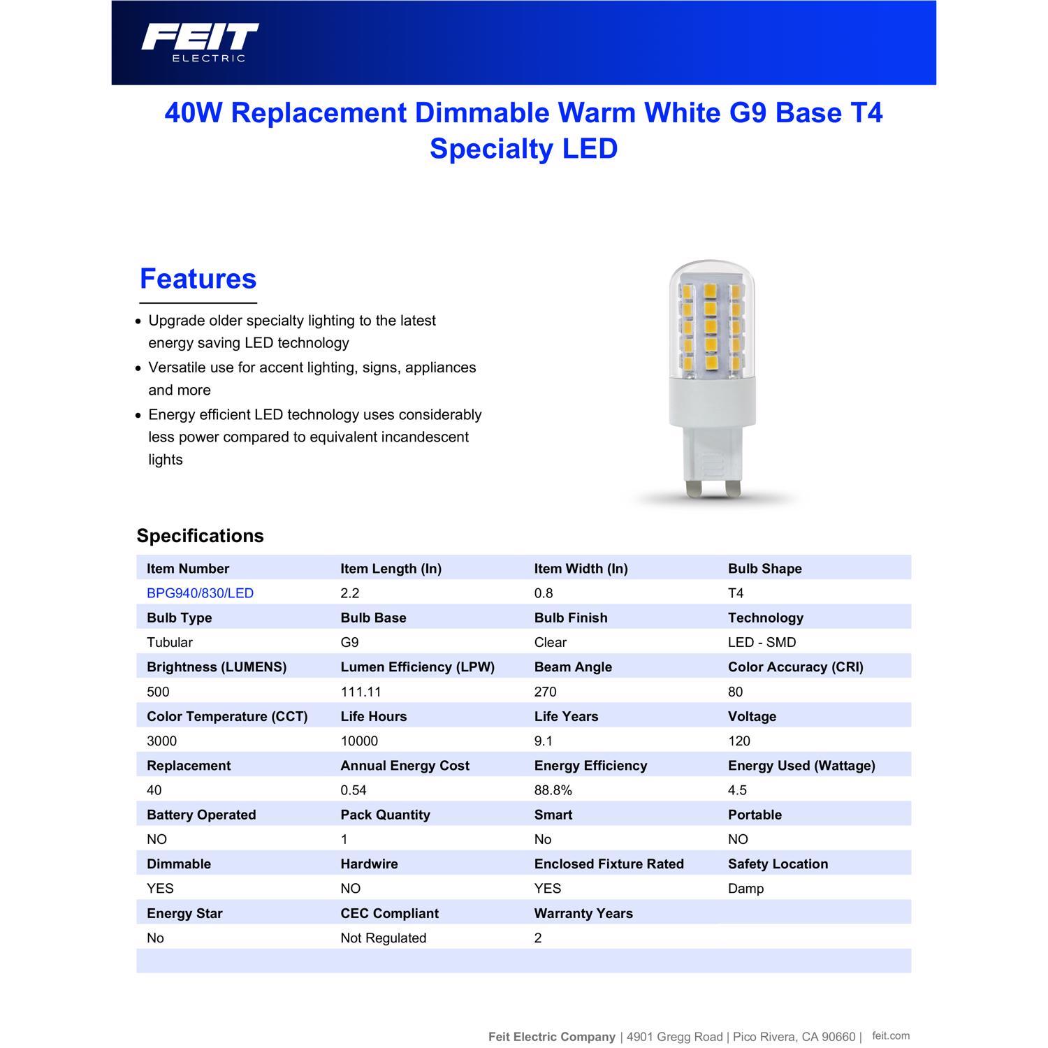 Feit T4 Bi-Pin LED Bulb Warm White 40 Watt Equivalence 1 pk