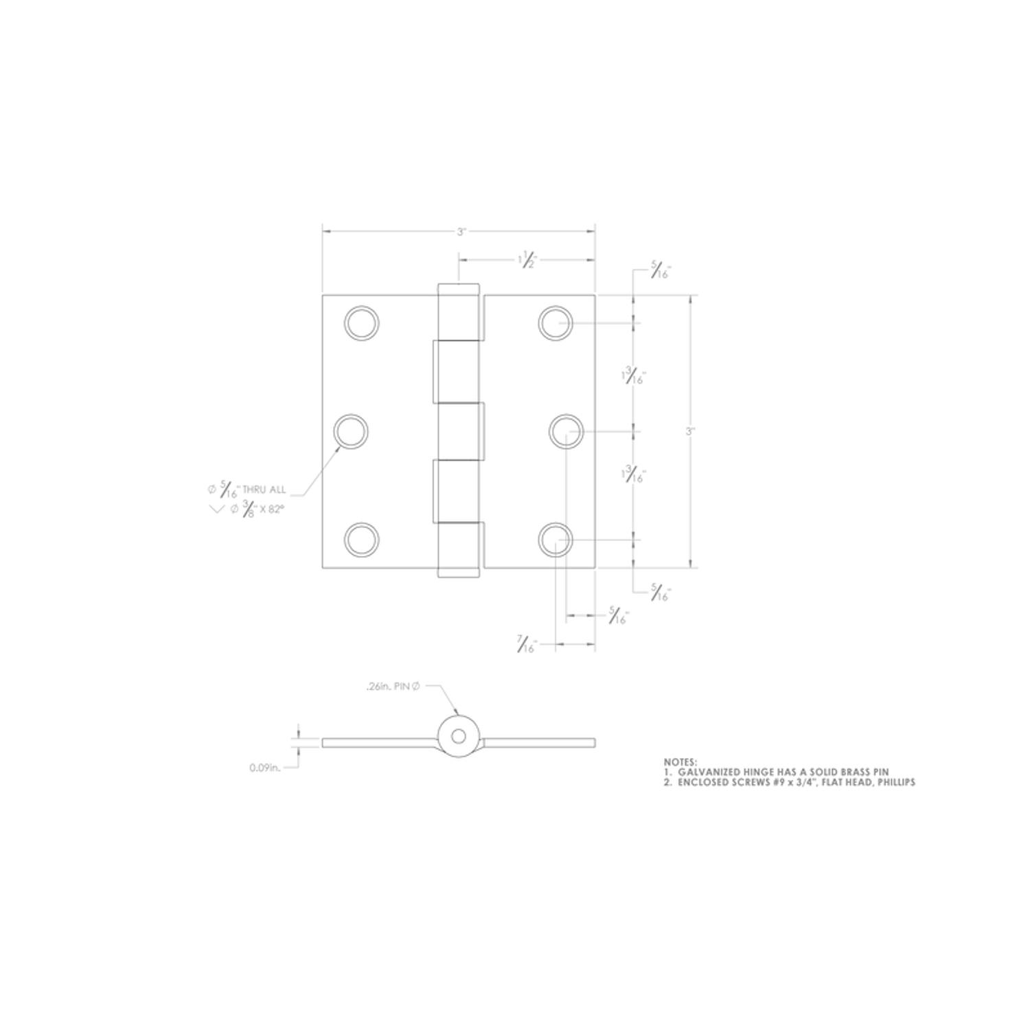 Ace 3 in. L Galvanized Broad Hinge 2 pk
