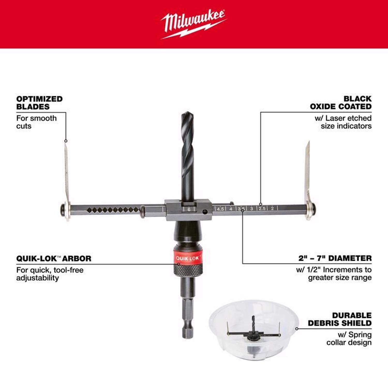 Milwaukee 2 to 7 in. Bi-Metal 1/4 in. L X 1/4 in. D Adjustable Hole Cutter Arbor Included