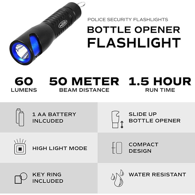 Police Security - Bottle Opener Flashlight, 60 Lumens, Water Resistant