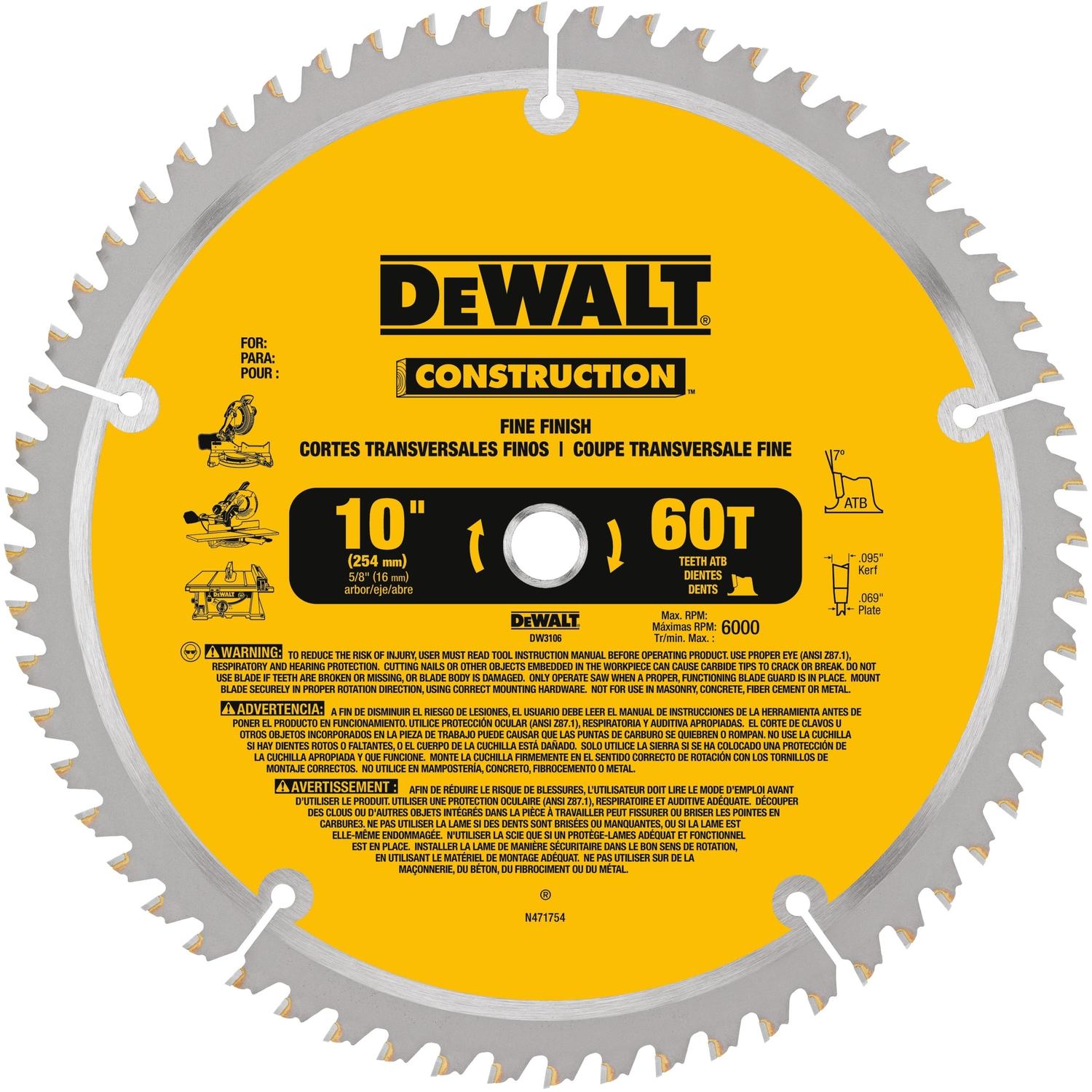DeWalt 10in. D x 5/8in. Carbide Circular Saw Blade 60 Teeth 1 Pack