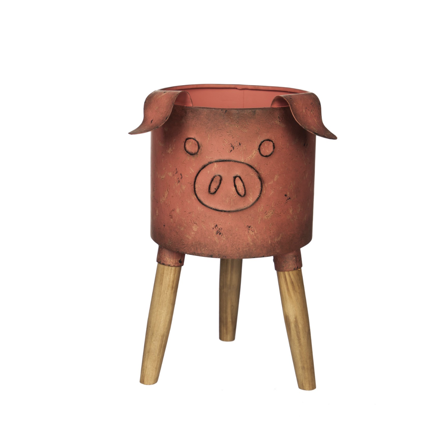 Evergreen Metal Pig Planter with Wooden Stand, 7.1 x 7.1 x 12.2 in.