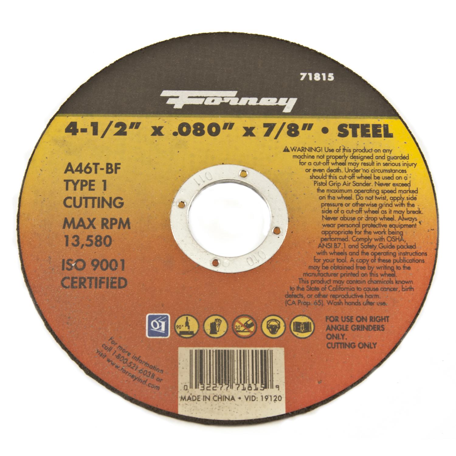 Forney 4-1/2 in. D X 7/8 in. X 0.08 in. thick Aluminum Oxide Metal Cut-Off Wheel 1 pc