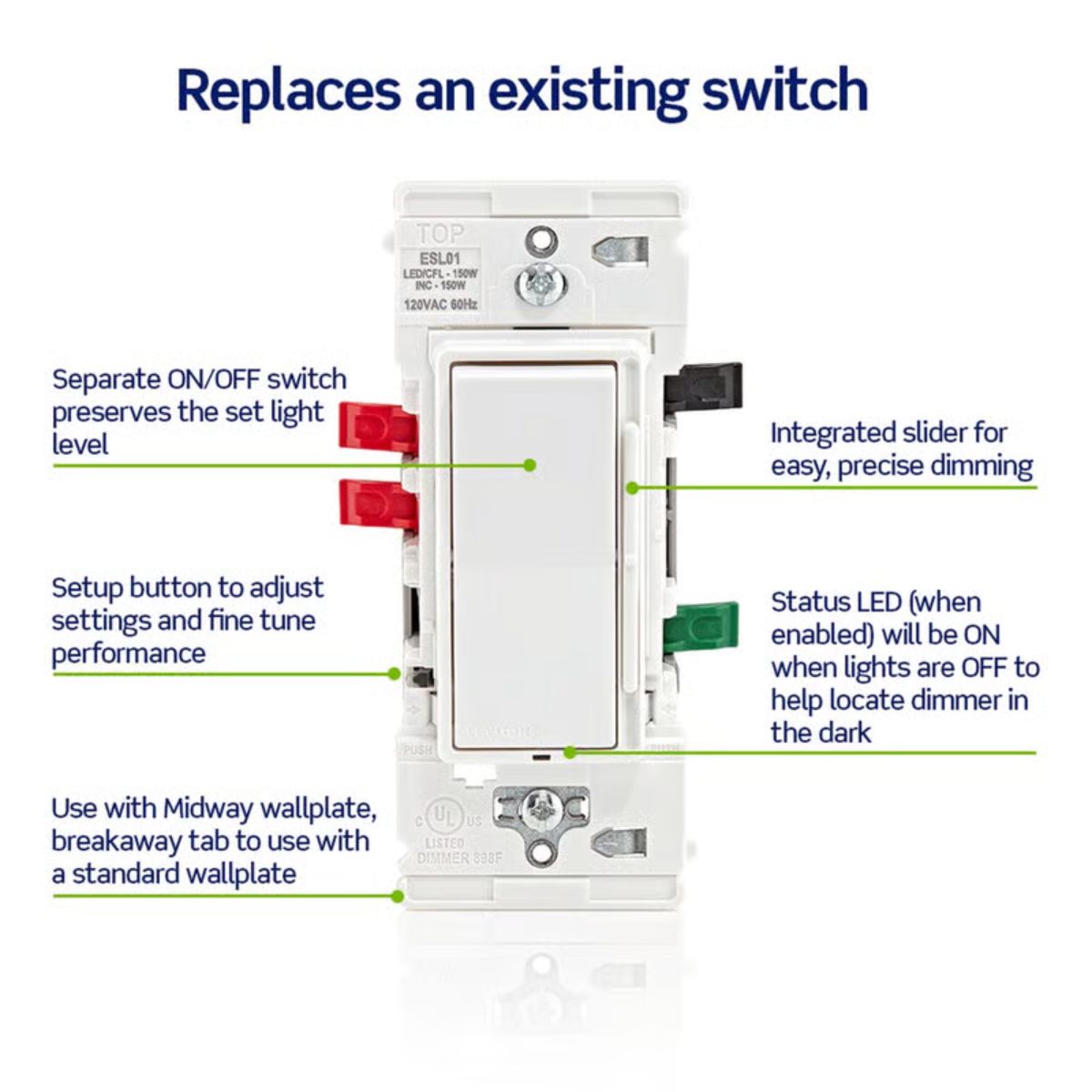 Leviton Lever Edge White Rocker Dimmer Switch 1 Pack