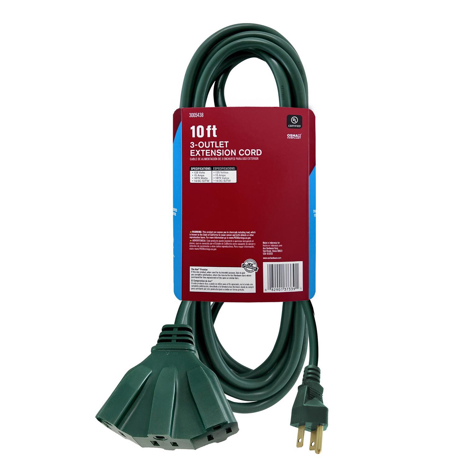 Ace Indoor or Outdoor 10 ft. L Green Triple Outlet Cord 14/3 SJTW