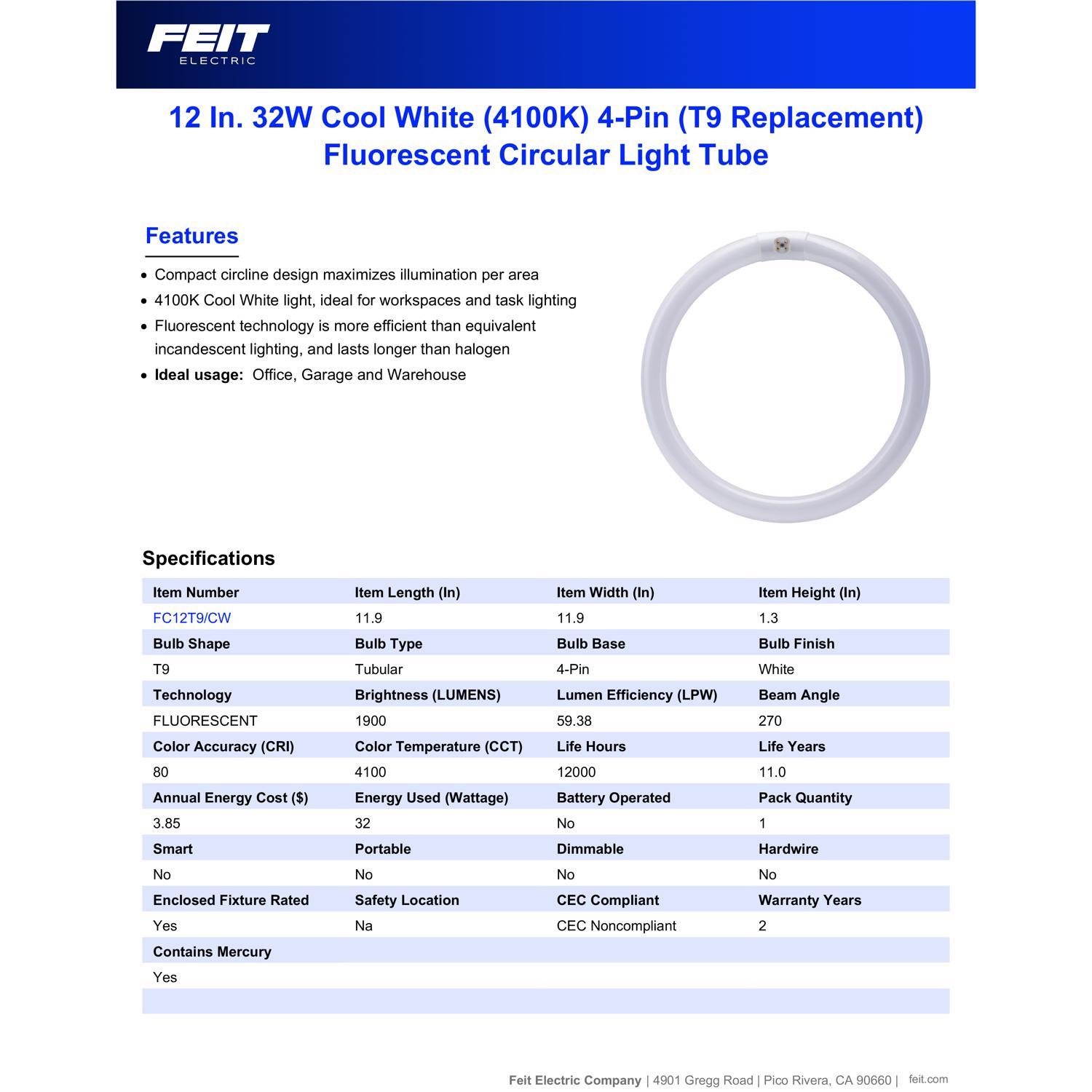 Feit 32 W T9 12 in. D X 11.9 in. L Circline Fluorescent Bulb Cool White Circular 4100 K 1 pk