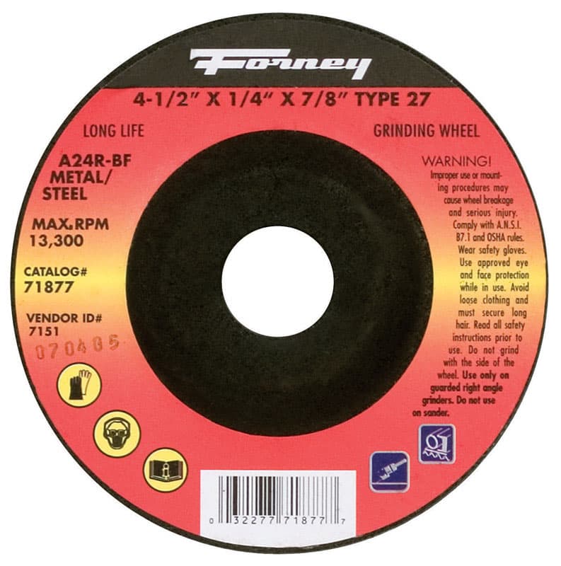 Forney 4-1/2 in. D X 7/8 in. in. X 1/4 in. thick Metal Grinding Wheel 1 pc
