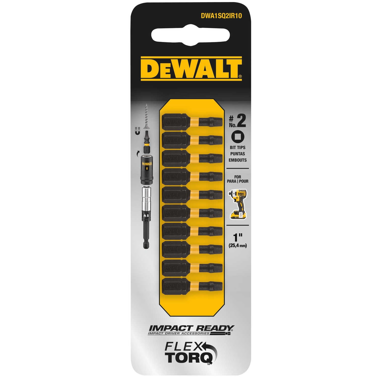 DeWalt Impact Ready Square Recess #2 X 1 in. L Screwdriver Bit Black Oxide 10 pc