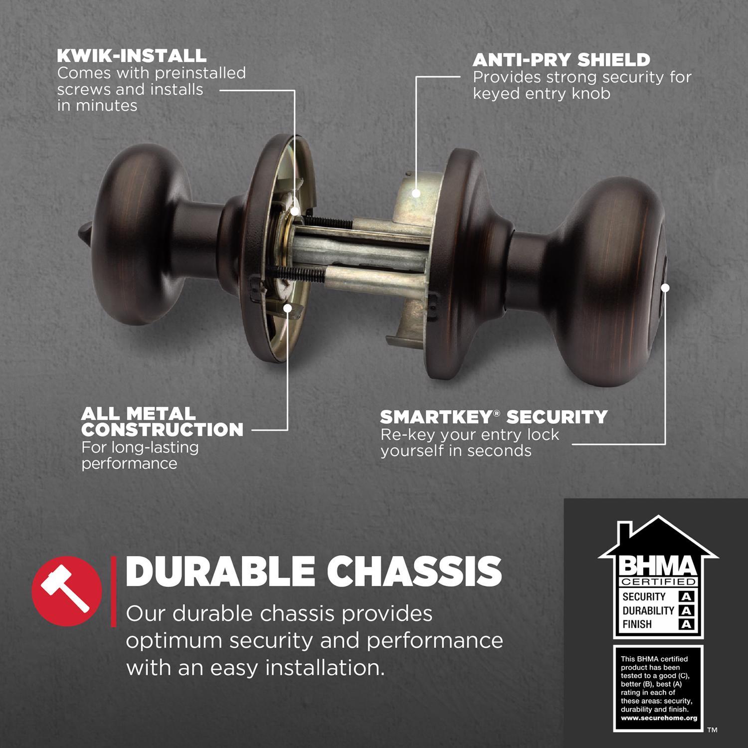 Kwikset SmartKey Juno Venetian Bronze Entry Door Knob KW1 1-3/4 in.