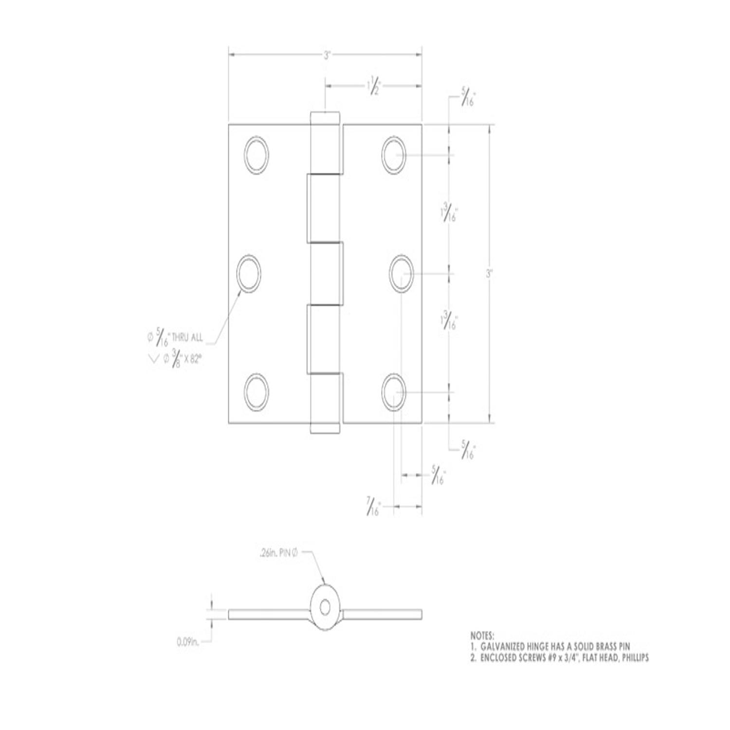 Ace 3 in. L Galvanized Broad Hinge 2 pk