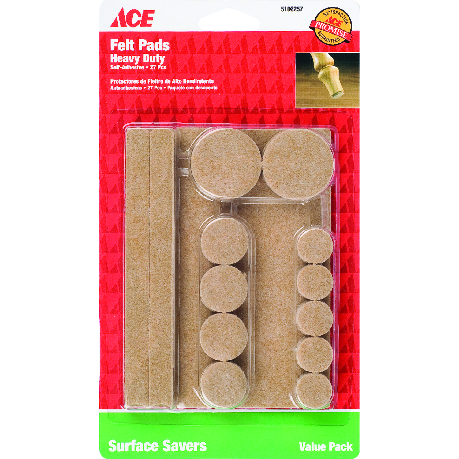 Ace Felt Self Adhesive Protective Pad Brown Assorted Various in. W 27 pk